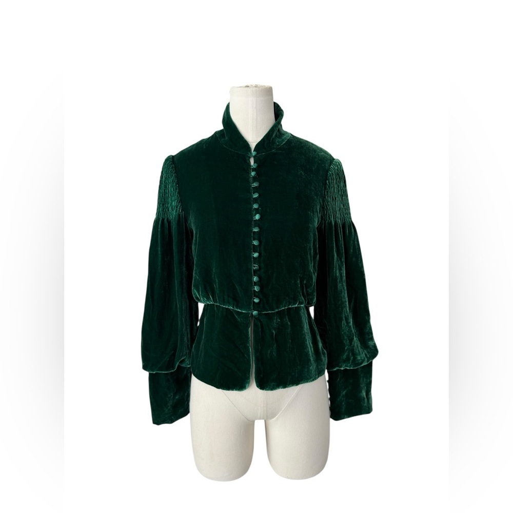 BCBG Max Azria XS Emerald Green Velvet Blouse Victorian High Neck Button Front - Picture 6 of 8